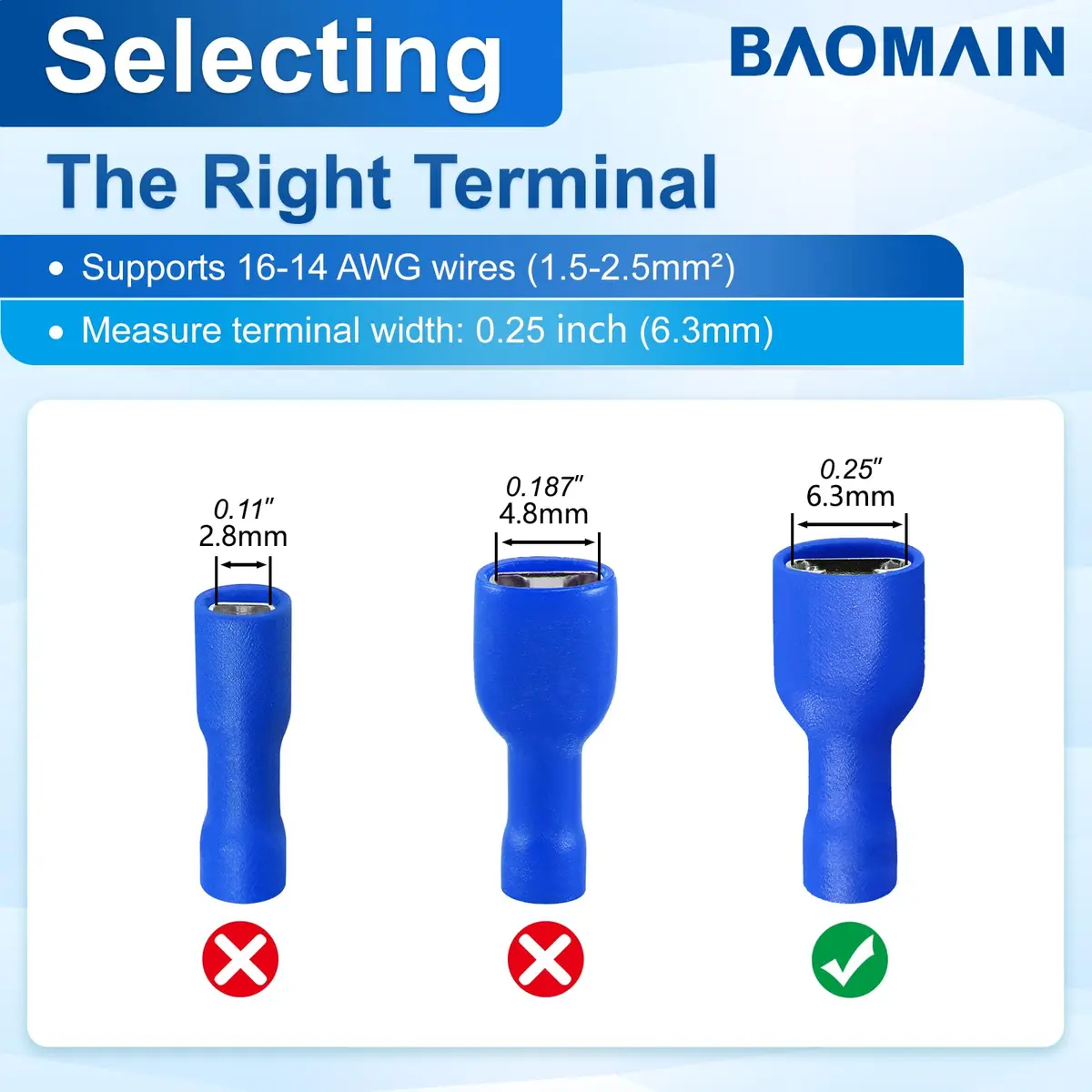 Baomain Fully Insulated Female Spade Terminals 16-14 AWG (100-Pack, Blue) | Secure Wire Connections for 6.3mm Male Terminals - view 4