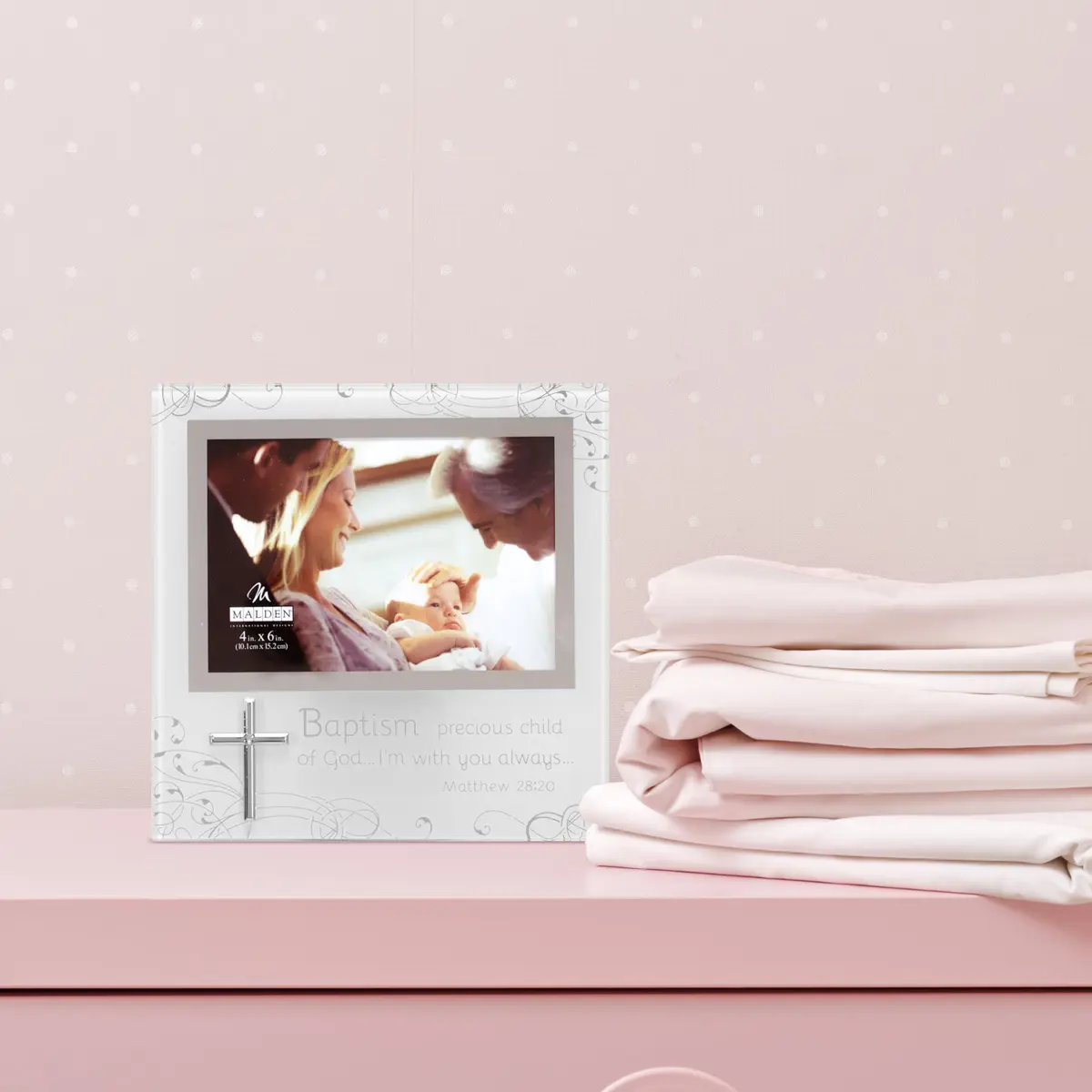 Malden Baptism 4x6 Mirrored and Frosted Glass Horizontal Picture Frame with Silver Finish - view 3