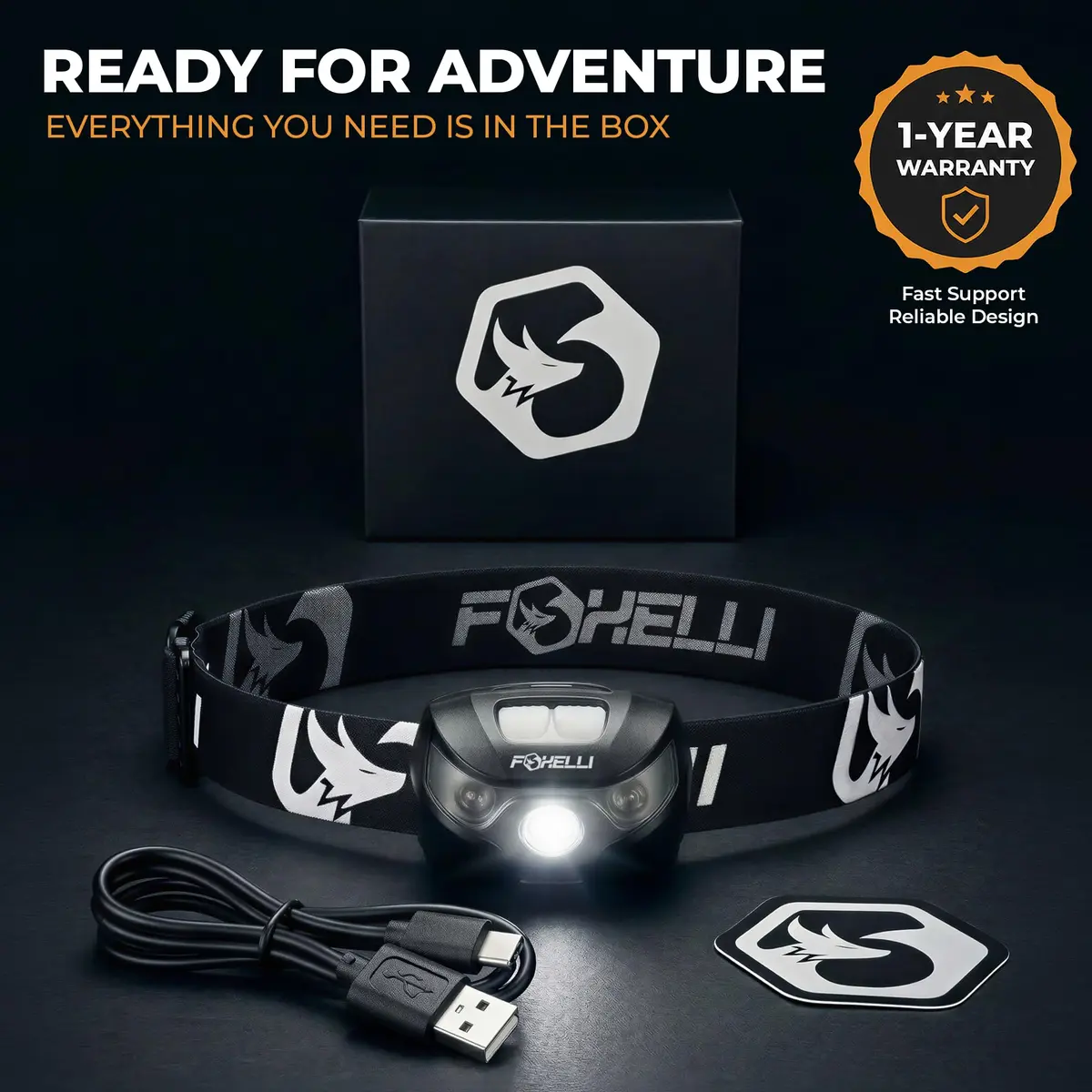 Foxelli USB-C Rechargeable LED Headlamp 160 Lumens | Waterproof, Lightweight & Adjustable for Outdoors & Kids - view 6