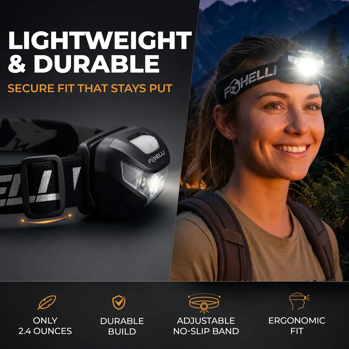 Foxelli USB-C Rechargeable LED Headlamp 160 Lumens | Waterproof, Lightweight & Adjustable for Outdoors & Kids - view 4