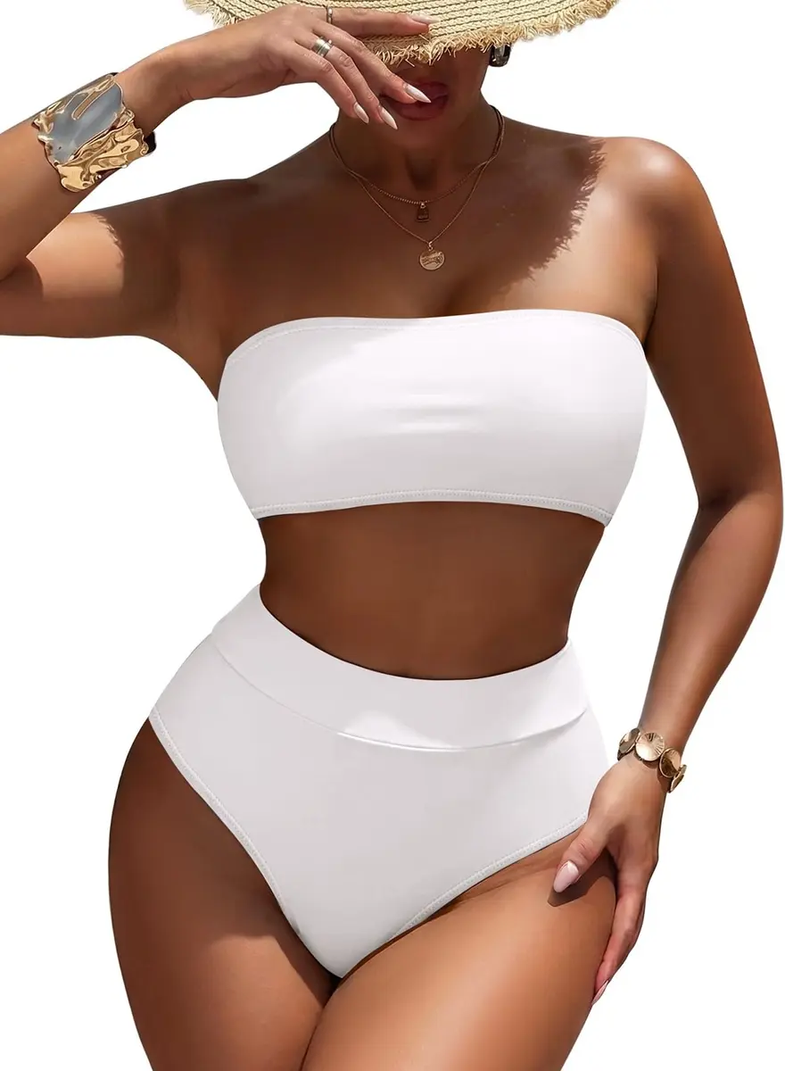Pink Queen High Waist Bikini Bandeau Two Piece Swimsuit White L | Removable Strap & Support - main product image