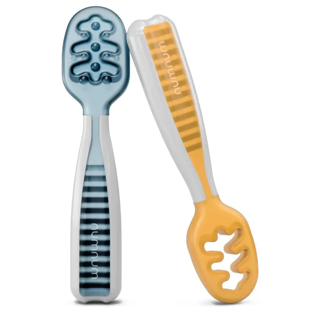 NumNum Baby Spoons Set, Pre-Spoon GOOtensils for 6+ Months, First Stage Self-Feeding Spoons with Contoured Handle, BPA-Free Silicone Toddler Utensils, 2 Pack Blue/Orange - main product image
