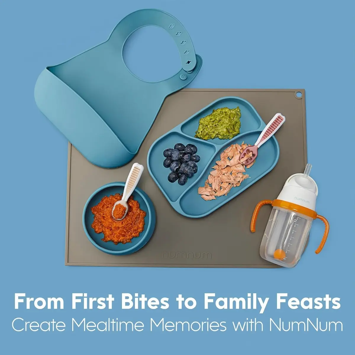 NumNum Baby Spoons Set, Pre-Spoon GOOtensils for 6+ Months, First Stage Self-Feeding Spoons with Contoured Handle, BPA-Free Silicone Toddler Utensils, 2 Pack Blue/Orange - view 8