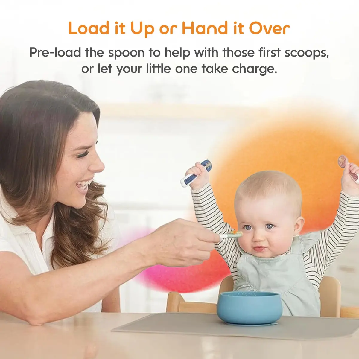 NumNum Baby Spoons Set, Pre-Spoon GOOtensils for 6+ Months, First Stage Self-Feeding Spoons with Contoured Handle, BPA-Free Silicone Toddler Utensils, 2 Pack Blue/Orange - view 4