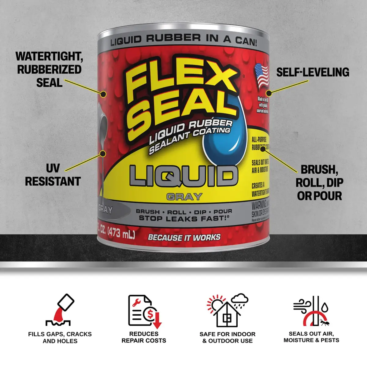 Flex Seal Liquid Rubber Sealant Coating Gray 473ml (16 fl oz) | Waterproof, Flexible, Breathable, UV Resistant - view 2