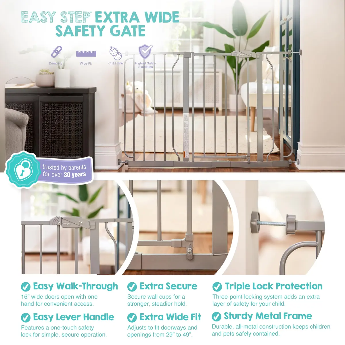 Regalo Safety 29"-49" Extra Wide Baby Gate, Bottom of Stairs & Doorways | Adjustable & Trusted for 30+ Years - view 3
