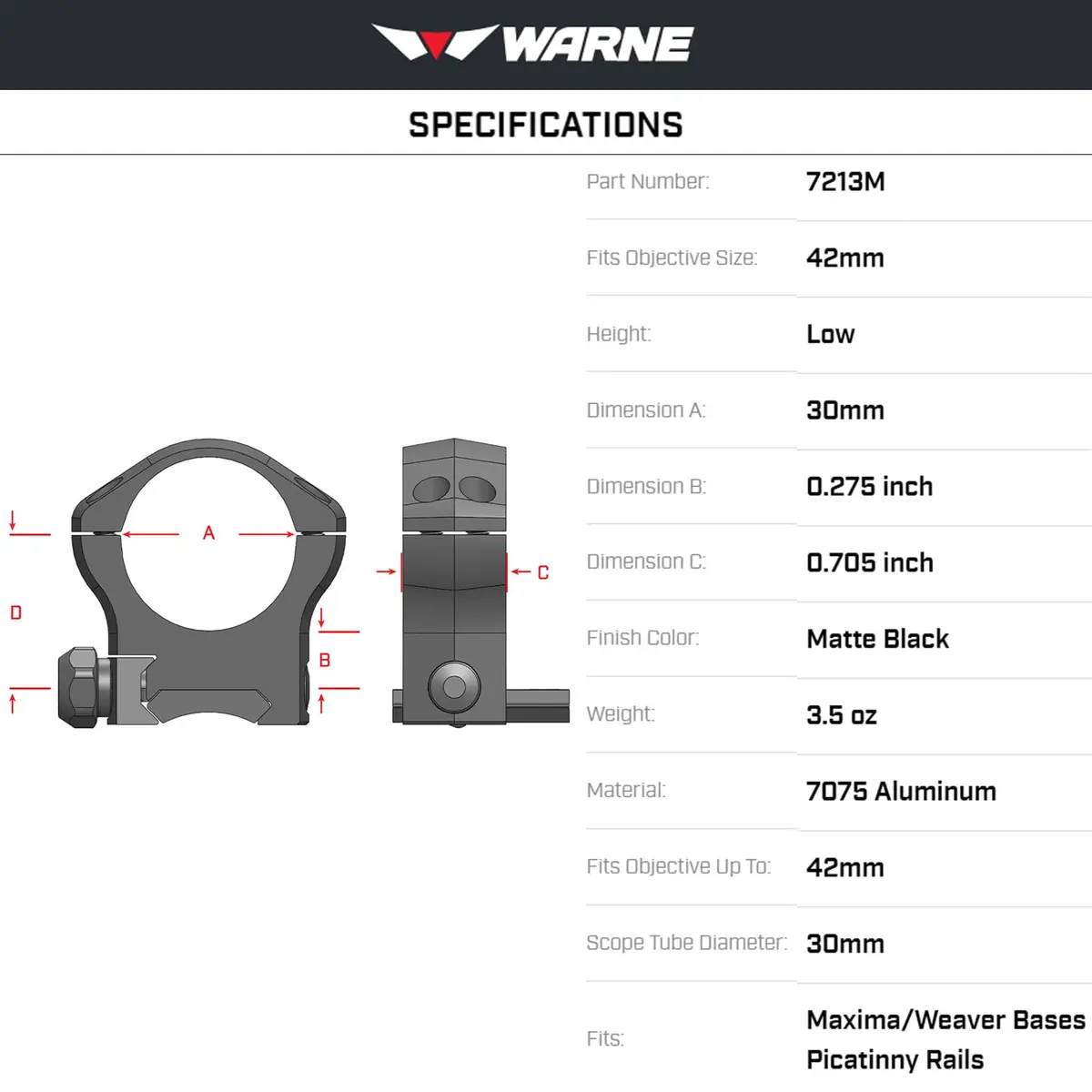 Warne Scope Mounts 30mm Mountain Tech Low Rings Picatinny Mount | Lightweight Aluminum, Precision CNC Machined, for Hunting - view 3