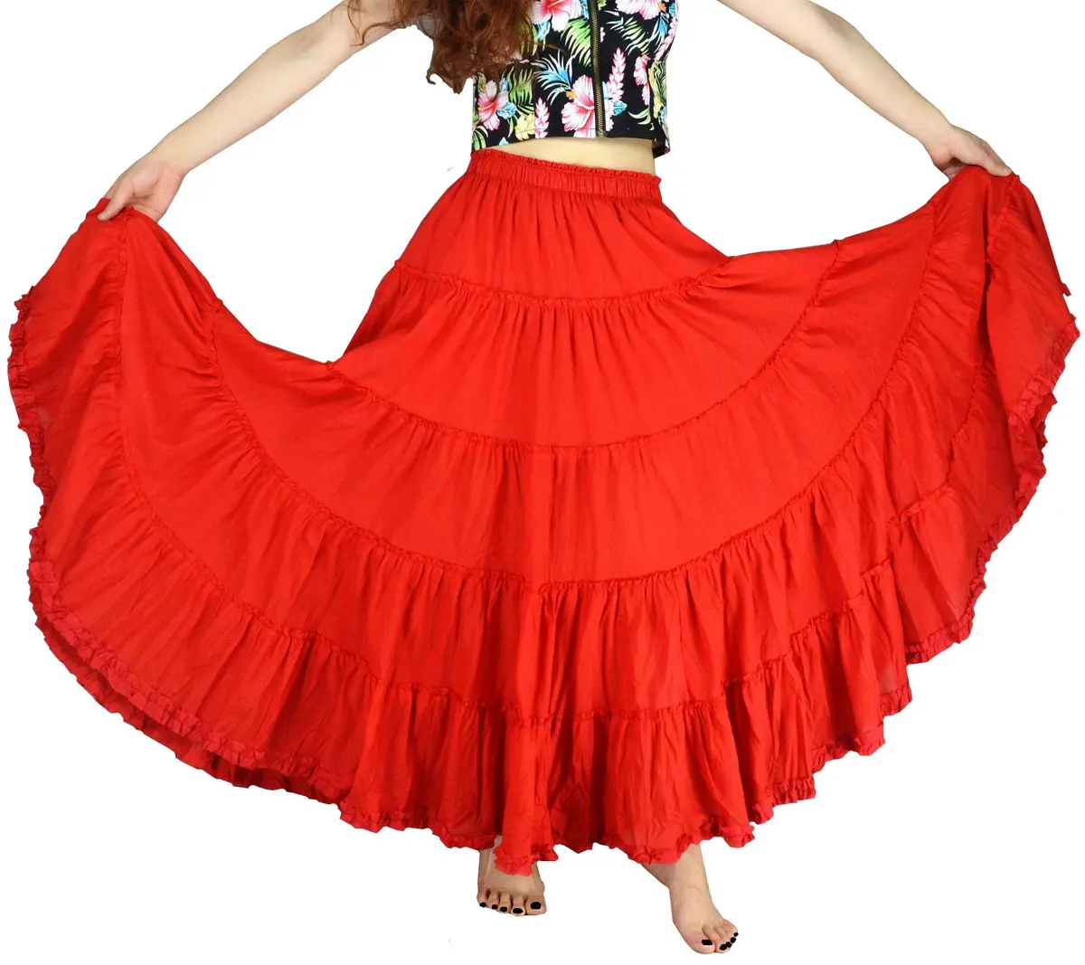 YSJERA Women's Cotton 5 Tiered A Line Pleated Maxi Skirt Long Boho Gypsy Dance Skirts (One Size,Red) | Flowing Cotton Maxi for Casual & Formal Wear - main product image
