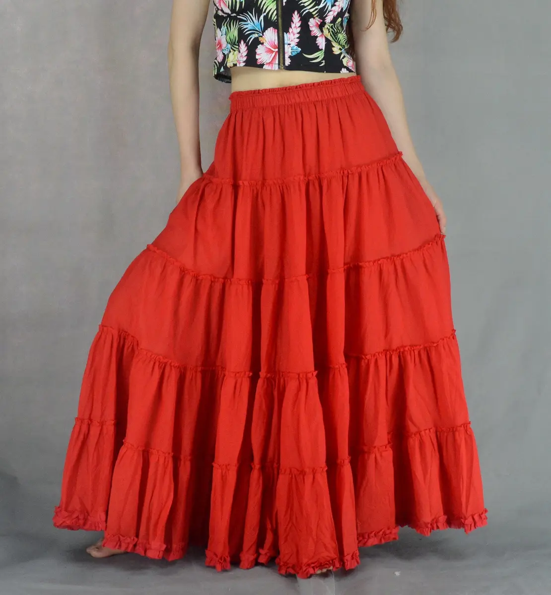 YSJERA Women's Cotton 5 Tiered A Line Pleated Maxi Skirt Long Boho Gypsy Dance Skirts (One Size,Red) | Flowing Cotton Maxi for Casual & Formal Wear - view 6
