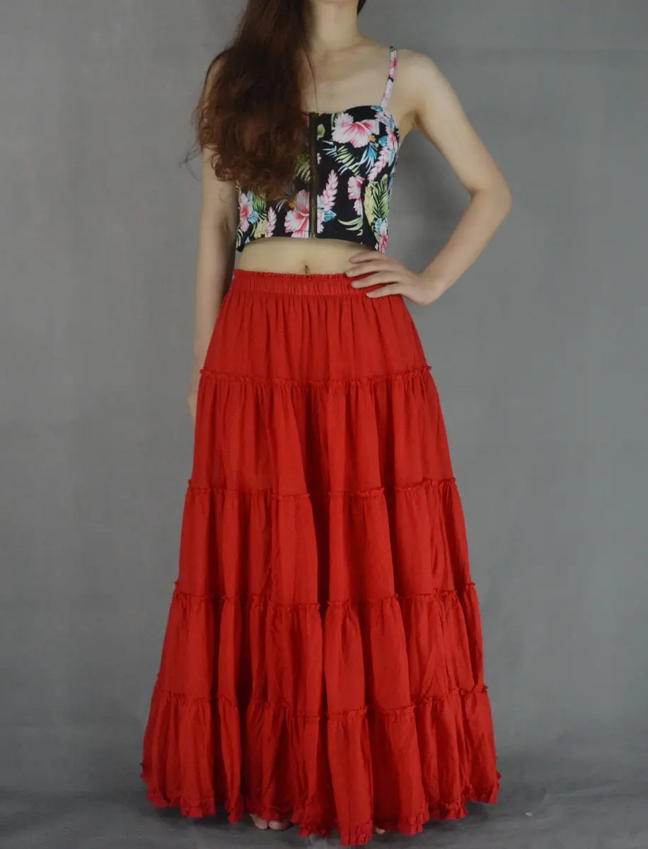 YSJERA Women's Cotton 5 Tiered A Line Pleated Maxi Skirt Long Boho Gypsy Dance Skirts (One Size,Red) | Flowing Cotton Maxi for Casual & Formal Wear - view 2