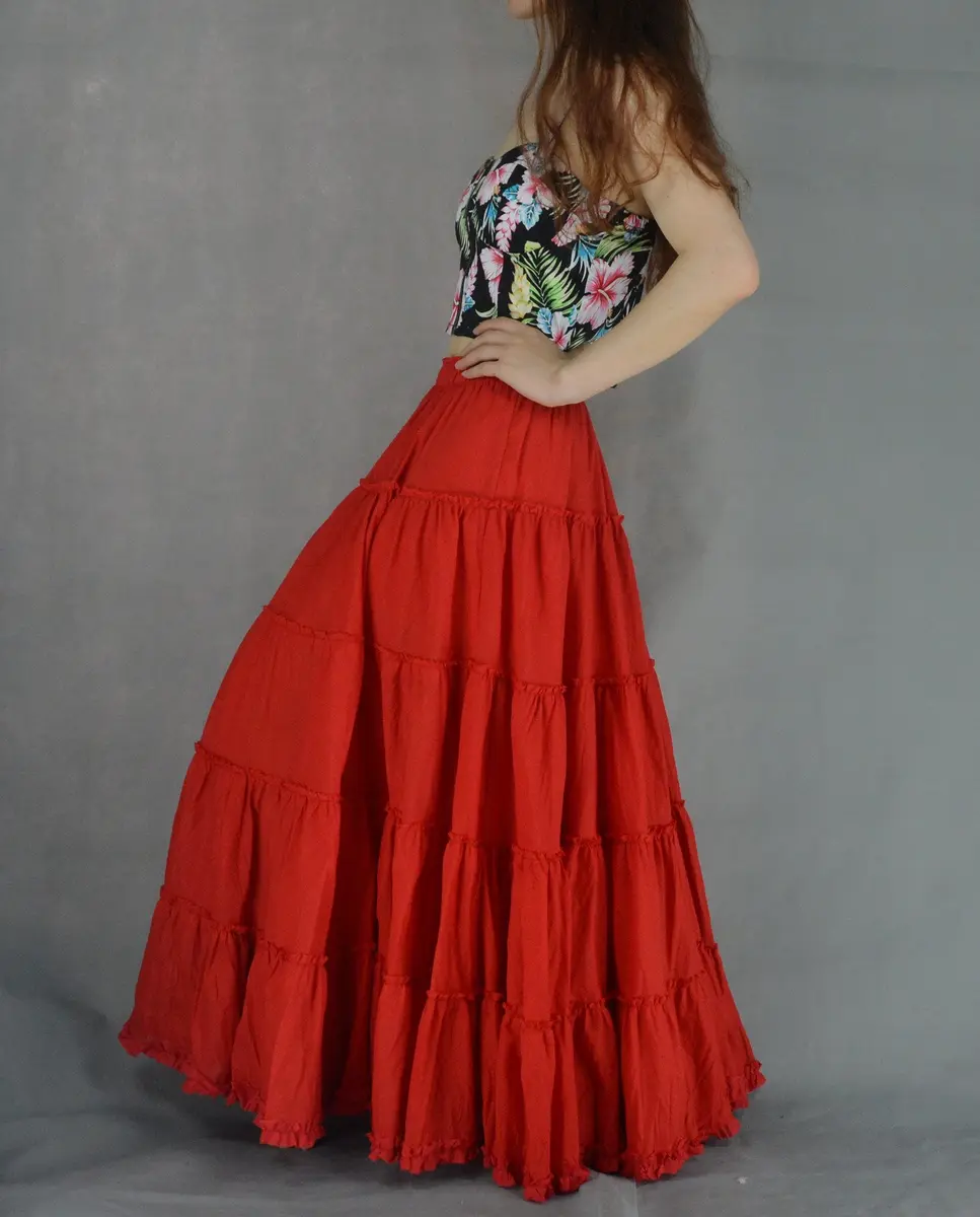 YSJERA Women's Cotton 5 Tiered A Line Pleated Maxi Skirt Long Boho Gypsy Dance Skirts (One Size,Red) | Flowing Cotton Maxi for Casual & Formal Wear - view 3