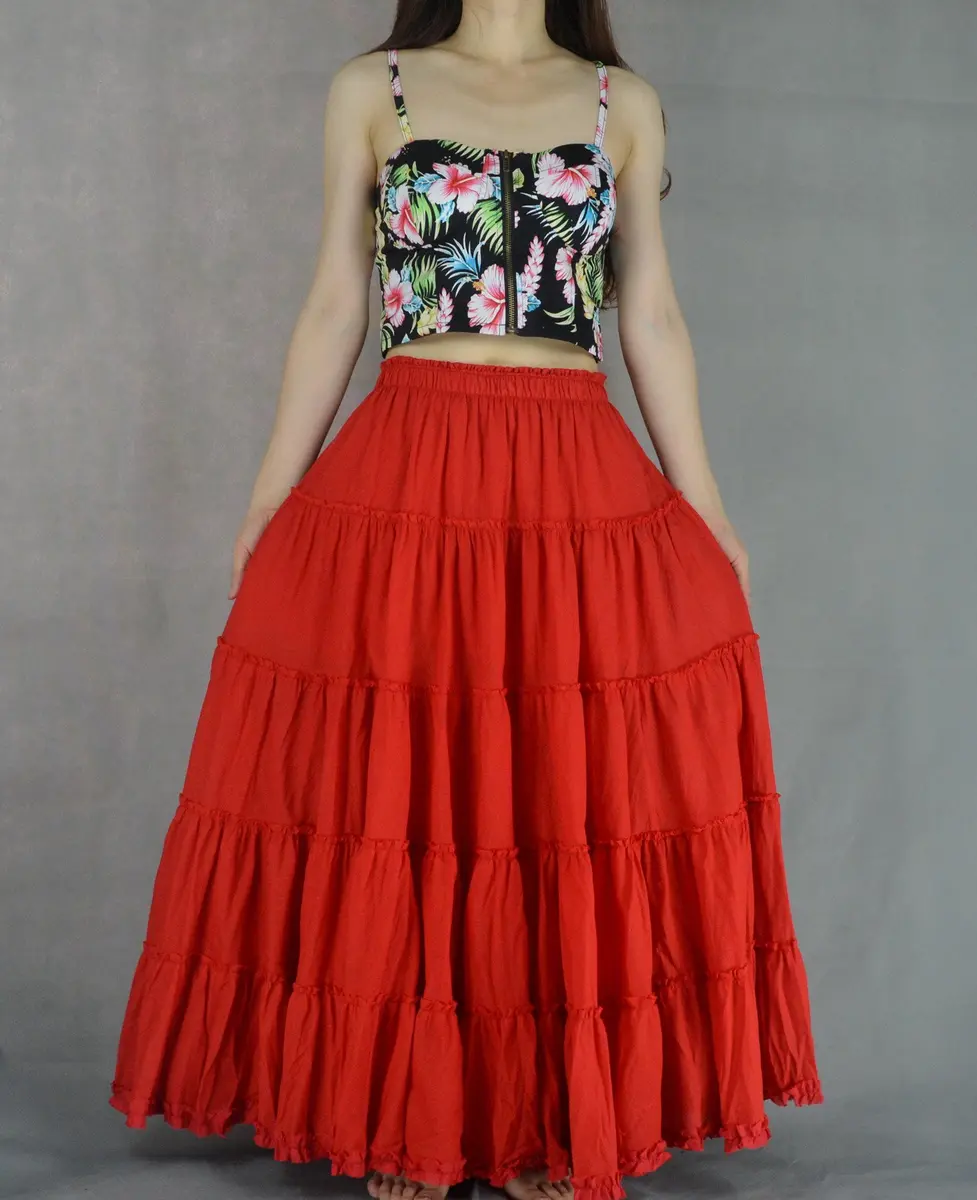 YSJERA Women's Cotton 5 Tiered A Line Pleated Maxi Skirt Long Boho Gypsy Dance Skirts (One Size,Red) | Flowing Cotton Maxi for Casual & Formal Wear - view 4