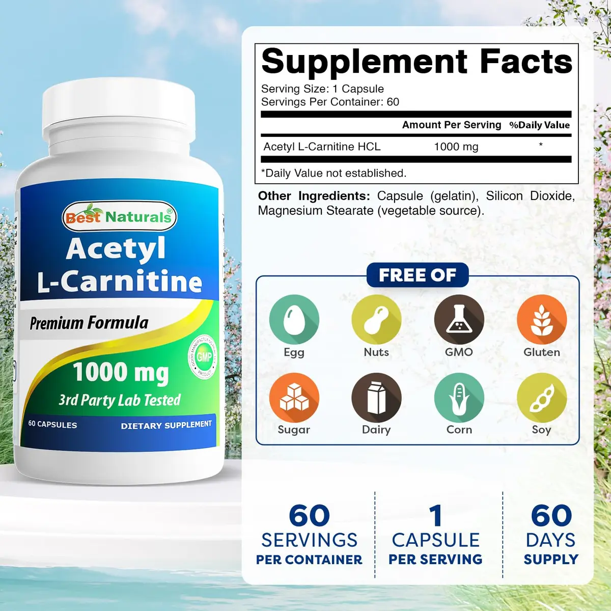 Best Naturals Acetyl L-Carnitine 1000mg Capsule | 60 Count | Supports Energy & Brain Function - view 2
