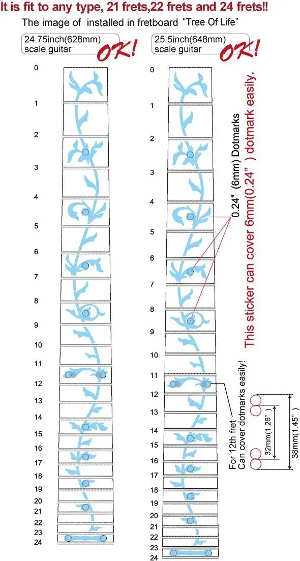 Inlaystickers Tree of Life Fret Markers for Guitars - Abalone Green (1 Sheet) | Real Inlay Look - view 2