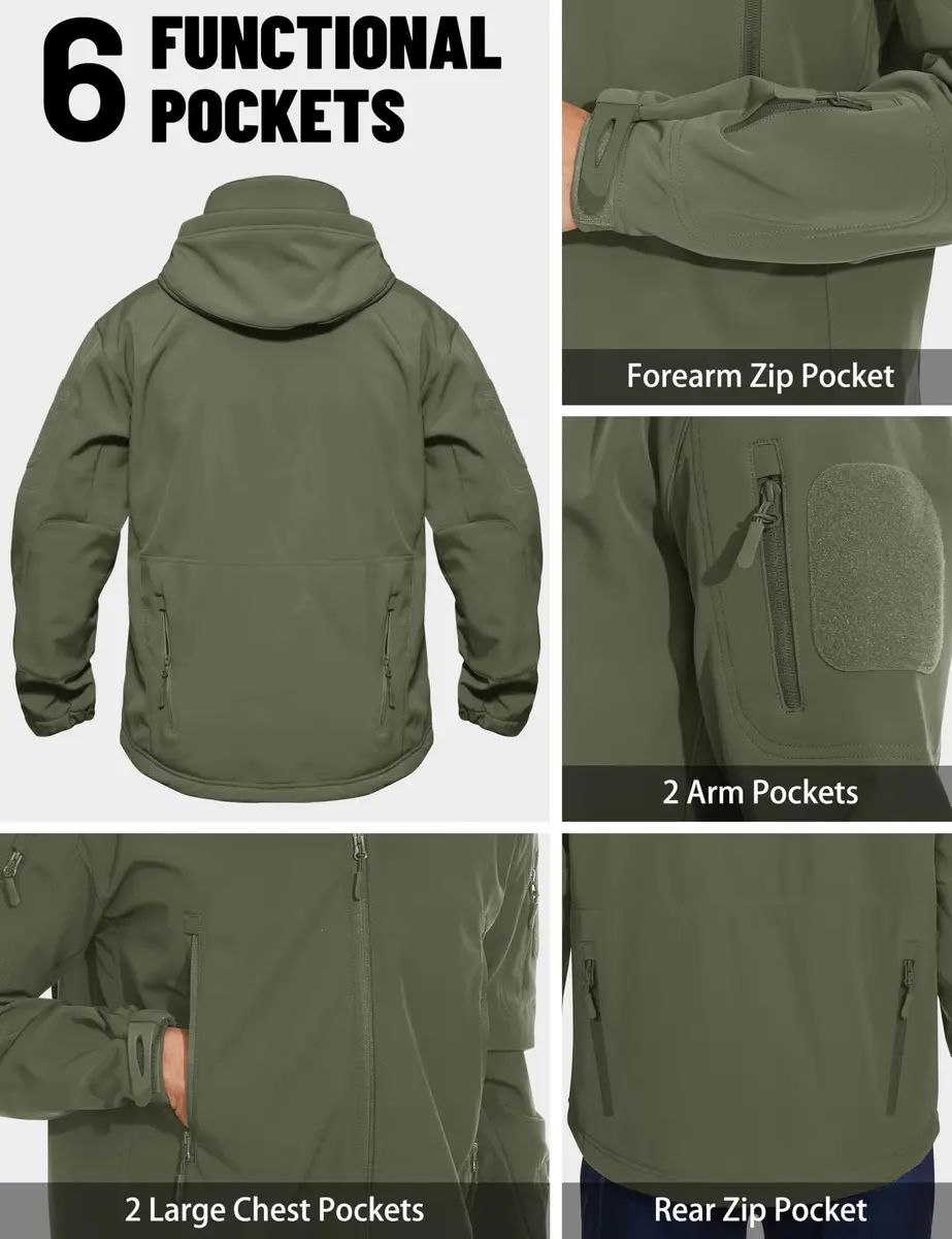 MAGCOMSEN Men's Tactical Winter Waterproof Softshell Rain Coat | 6 Pockets, Micro Fleece Lining, Windproof & Waterproof (Large, Army Green) - view 5