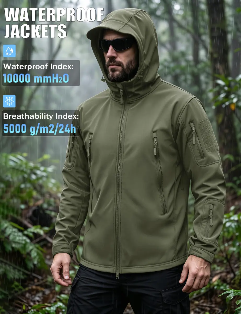MAGCOMSEN Men's Tactical Winter Waterproof Softshell Rain Coat | 6 Pockets, Micro Fleece Lining, Windproof & Waterproof (Large, Army Green) - view 2