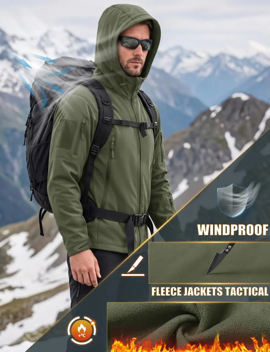 MAGCOMSEN Men's Tactical Winter Waterproof Softshell Rain Coat | 6 Pockets, Micro Fleece Lining, Windproof & Waterproof (Large, Army Green) - view 3
