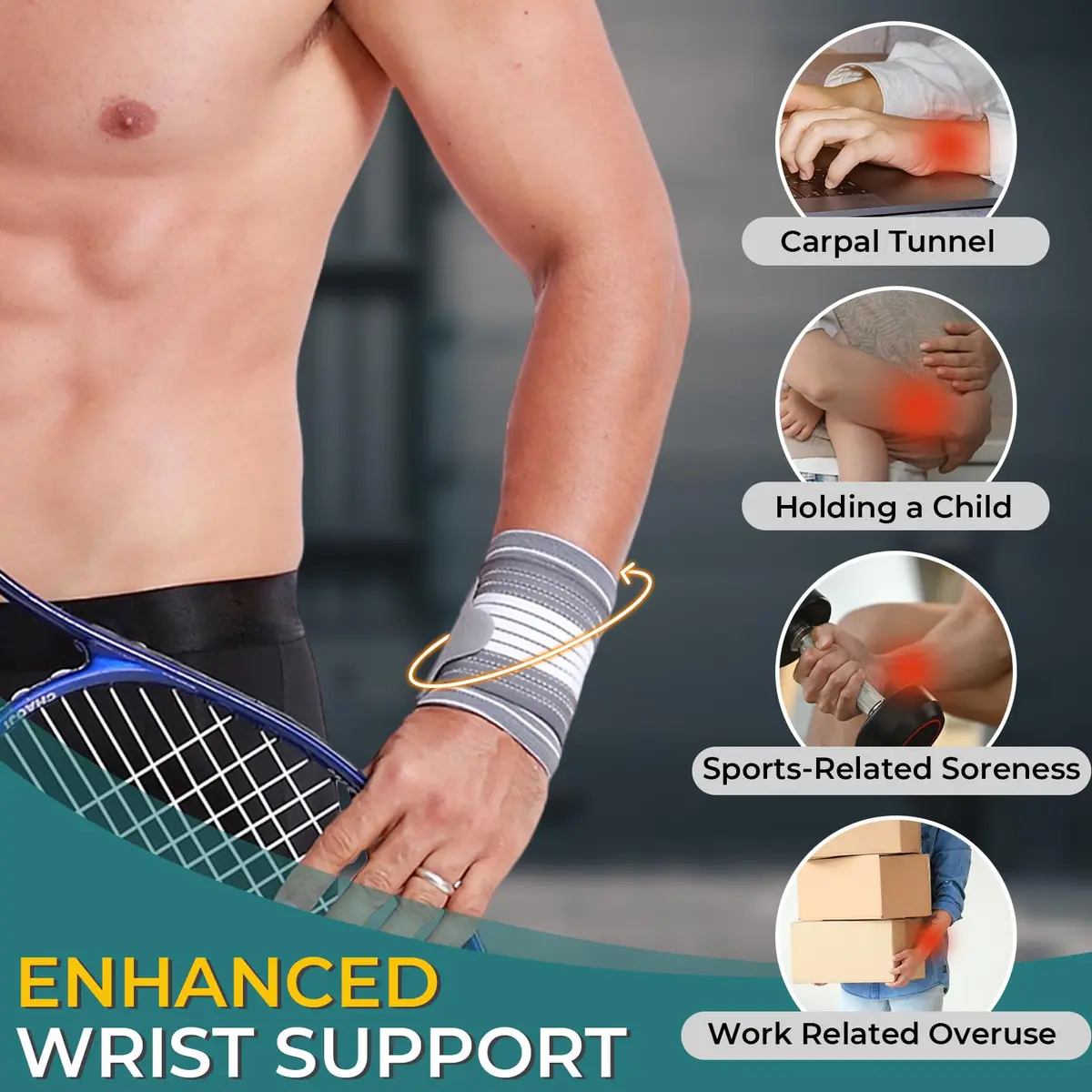 NeoTech Care Wrist Band - Adjustable Compression Strap - Elastic & Breathable Fabric - Support Sleeve for Tennis, Sports, Exercise - Men, Women, Right or Left (Gray, L) - view 7