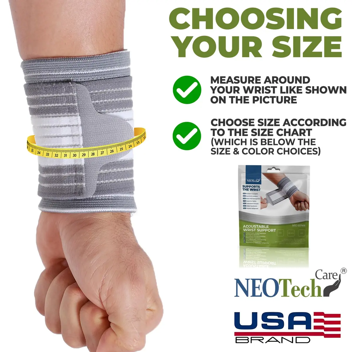NeoTech Care Wrist Band - Adjustable Compression Strap - Elastic & Breathable Fabric - Support Sleeve for Tennis, Sports, Exercise - Men, Women, Right or Left (Gray, L) - view 2