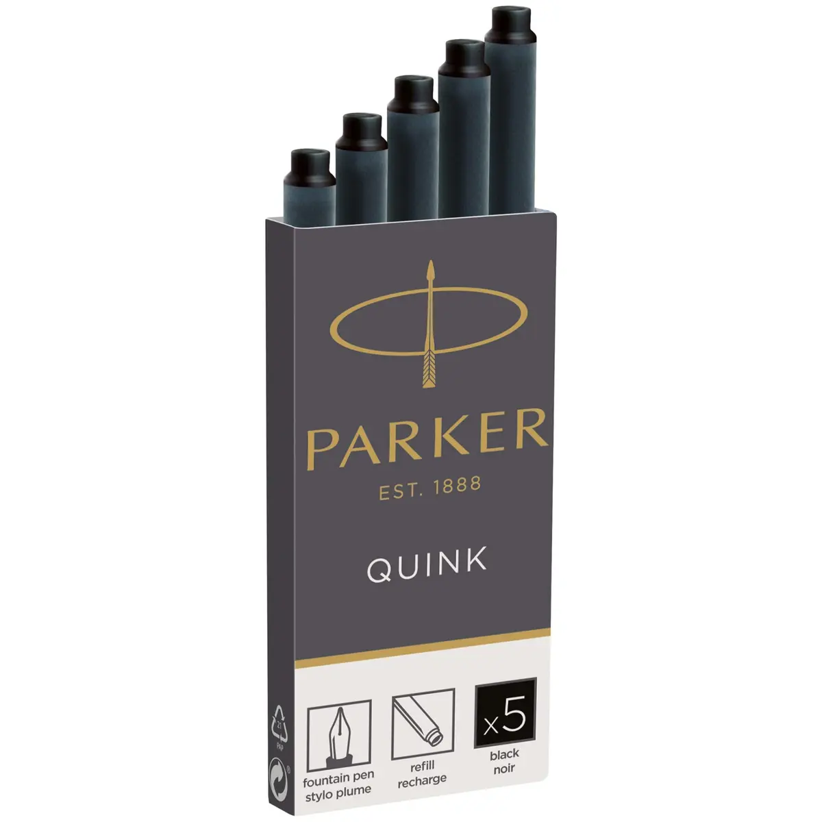 Parker Quink Fountain Pen Ink Cartridges Black, 5 Count (0.032 kg) | Smooth Ink Flow for Traditional Writing - main product image