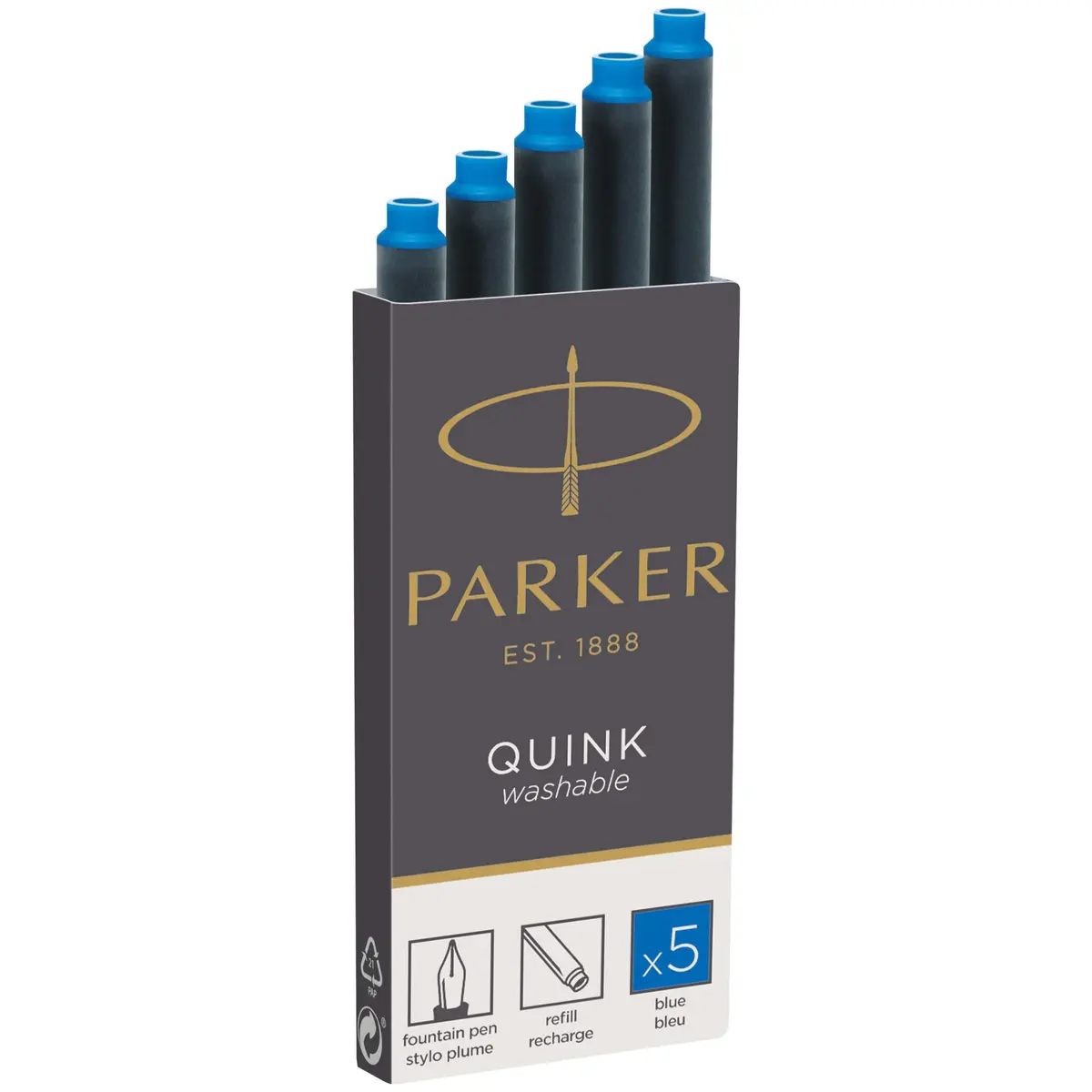 Parker Quink Fountain Pen Ink Refills, Washable Blue, 5 Count | Smooth Ink Flow for Traditional Writing - main product image