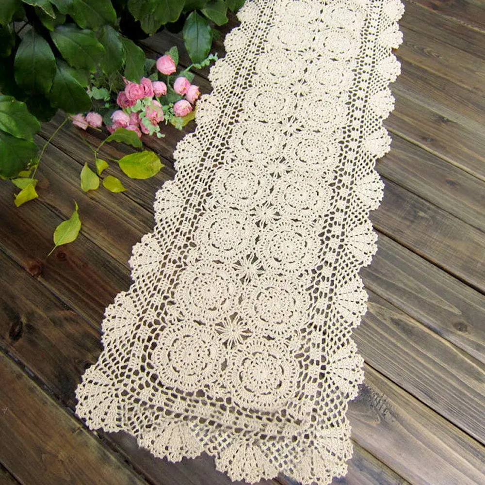 KEPSWET Cotton Handmade Crochet Lace Table Runner Beige 14x60 inch | Rustic Home Decor - view 2