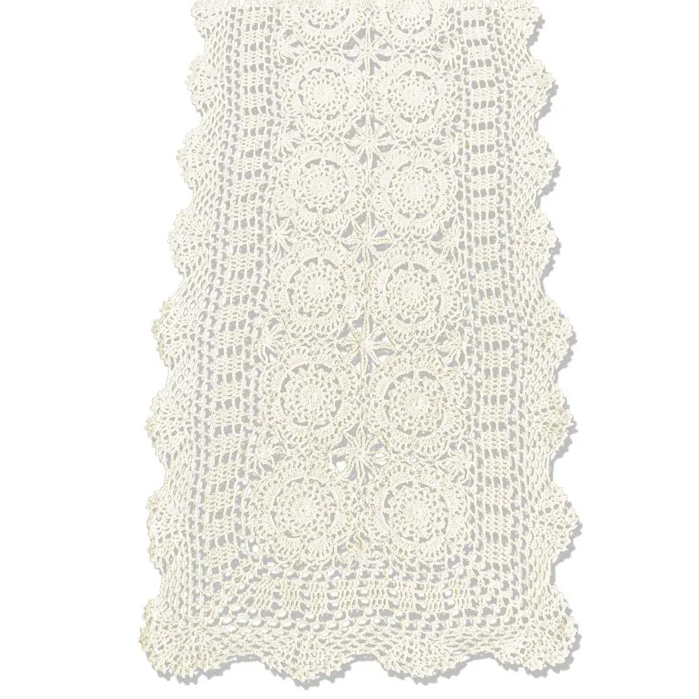 KEPSWET Cotton Handmade Crochet Lace Table Runner Beige 14x48 inch | Rustic Home Decor - main product image