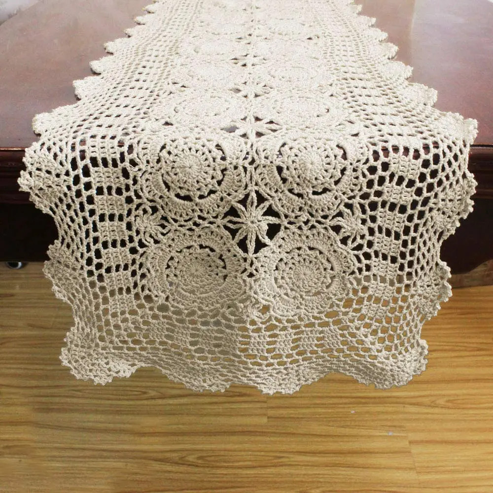 KEPSWET Cotton Handmade Crochet Lace Table Runner Beige 14x48 inch | Rustic Home Decor - view 5