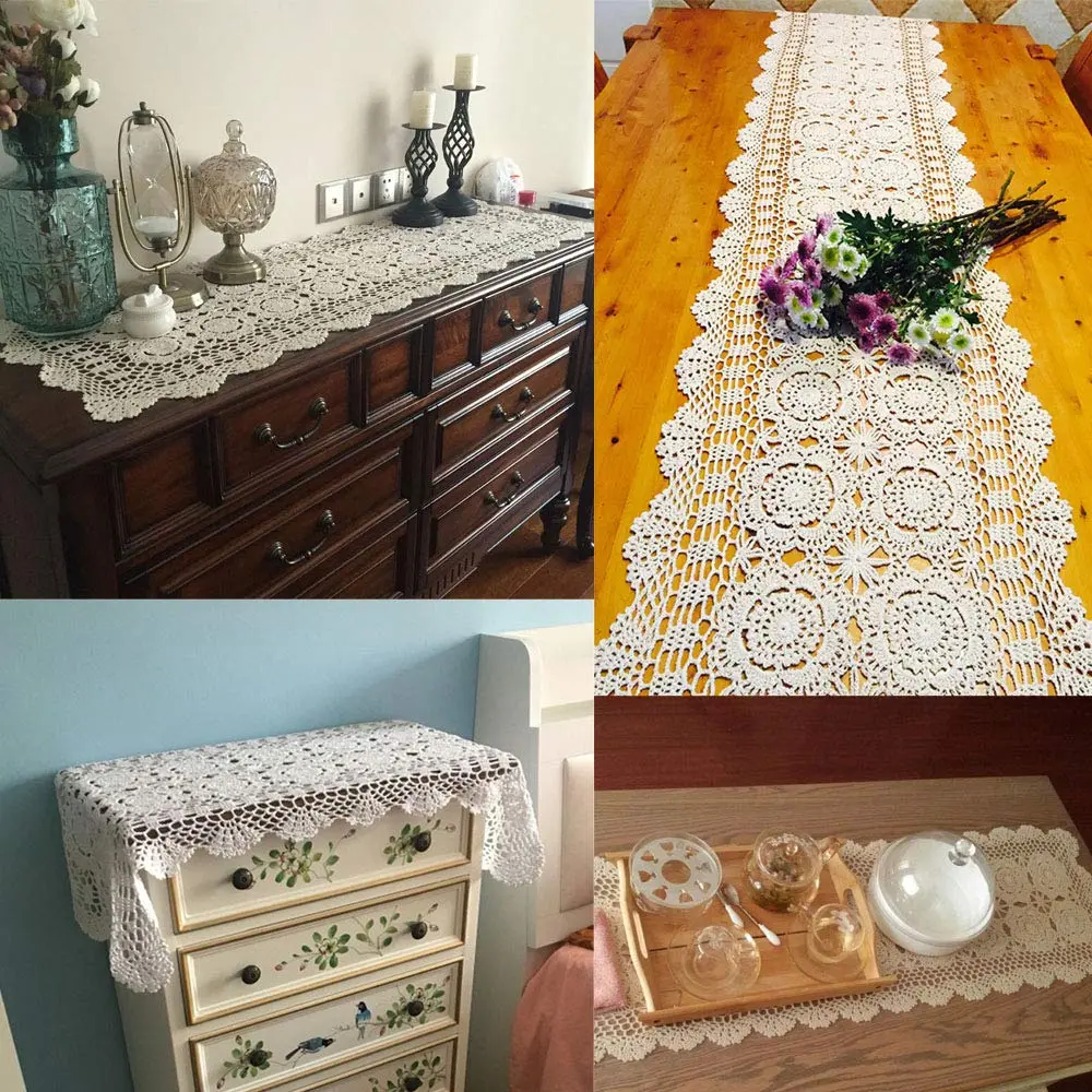 KEPSWET Cotton Handmade Crochet Lace Table Runner Beige 14x48 inch | Rustic Home Decor - view 3