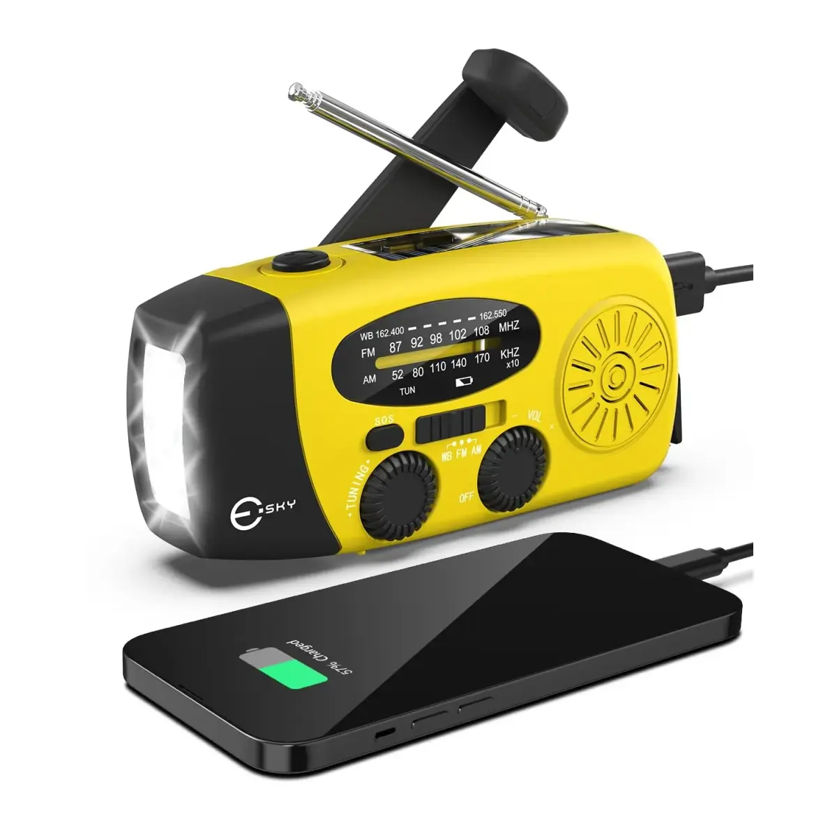 Esky Emergency Hand Crank Radio with 3 LED Flashlight, AM/FM/NOAA Weather Radio, 2000mAh Power Bank, Solar Powered USB Charged Radio (Yellow, 5.9x3.1x2.5 Inches) - main product image
