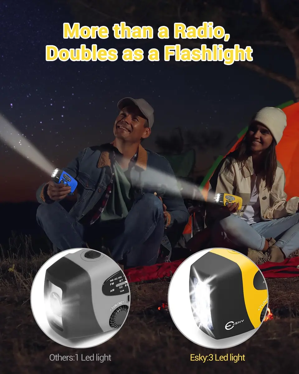 Esky Emergency Hand Crank Radio with 3 LED Flashlight, AM/FM/NOAA Weather Radio, 2000mAh Power Bank, Solar Powered USB Charged Radio (Yellow, 5.9x3.1x2.5 Inches) - view 5