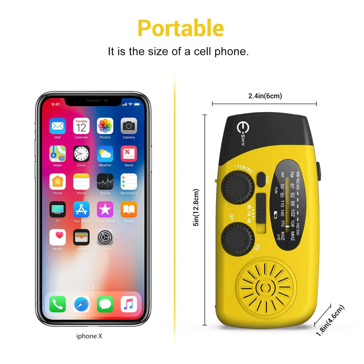 Esky Emergency Hand Crank Radio with 3 LED Flashlight, AM/FM/NOAA Weather Radio, 2000mAh Power Bank, Solar Powered USB Charged Radio (Yellow, 5.9x3.1x2.5 Inches) - view 6