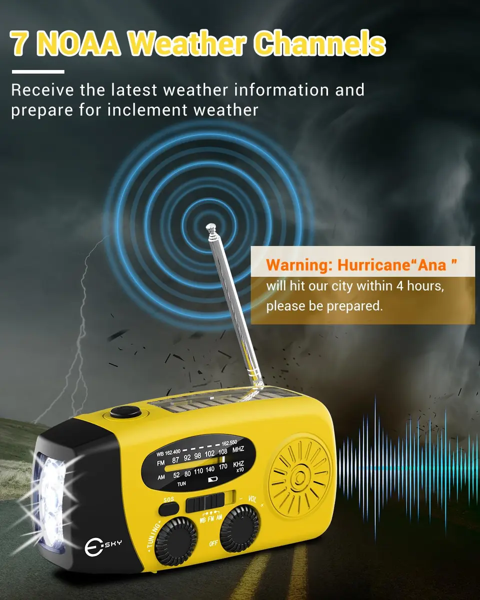 Esky Emergency Hand Crank Radio with 3 LED Flashlight, AM/FM/NOAA Weather Radio, 2000mAh Power Bank, Solar Powered USB Charged Radio (Yellow, 5.9x3.1x2.5 Inches) - view 2