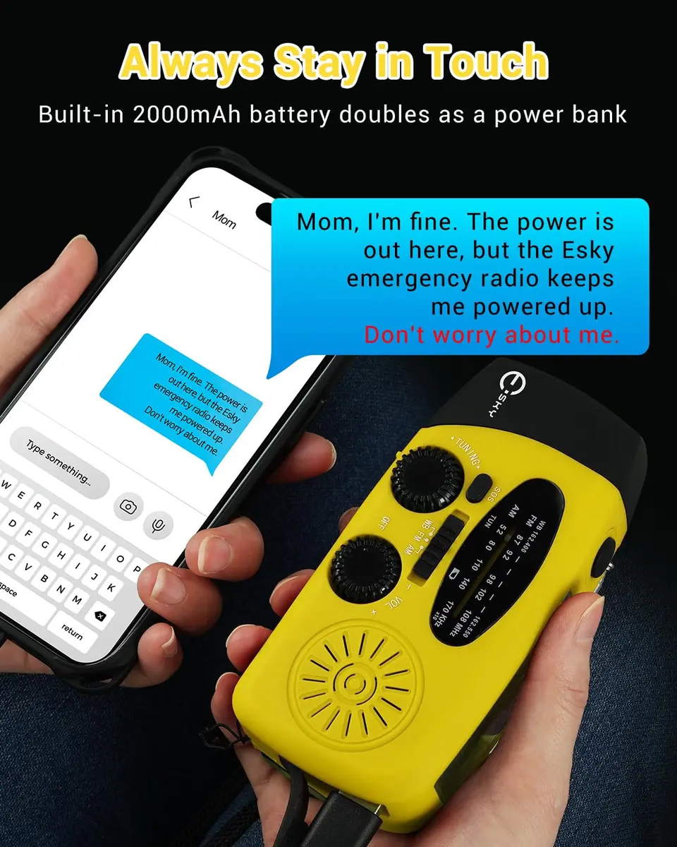 Esky Emergency Hand Crank Radio with 3 LED Flashlight, AM/FM/NOAA Weather Radio, 2000mAh Power Bank, Solar Powered USB Charged Radio (Yellow, 5.9x3.1x2.5 Inches) - view 3