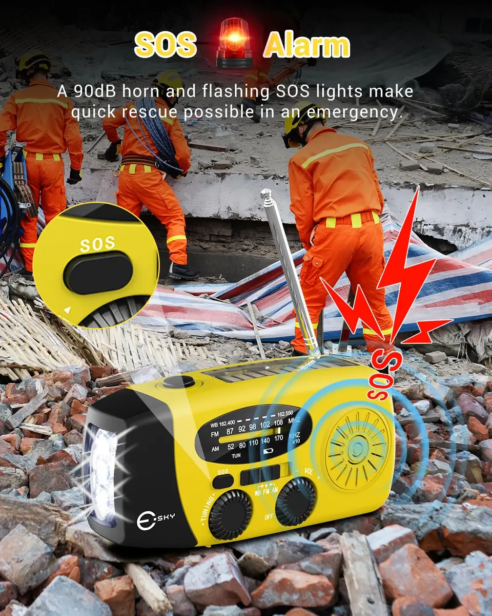 Esky Emergency Hand Crank Radio with 3 LED Flashlight, AM/FM/NOAA Weather Radio, 2000mAh Power Bank, Solar Powered USB Charged Radio (Yellow, 5.9x3.1x2.5 Inches) - view 4