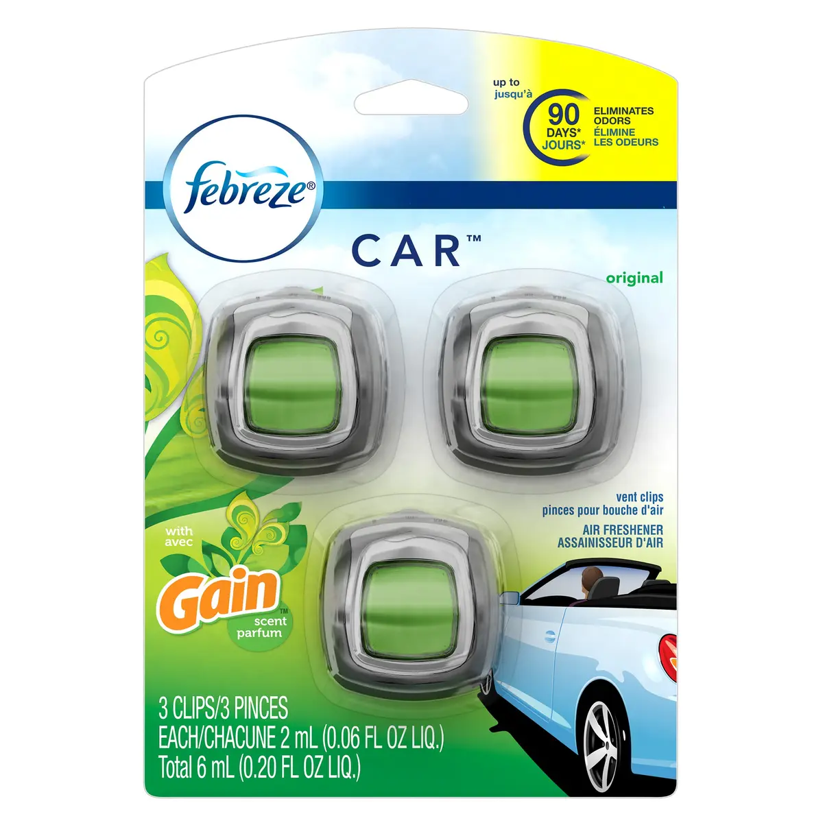 Febreze Car Vent Clip Air Freshener Gain Original 3 Pack | Odor Elimination & 30-Day Freshness Control - main product image