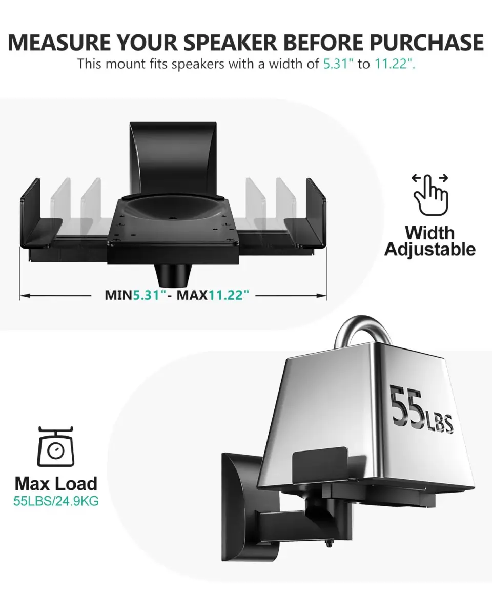 WALI Surround Sound Speaker Wall Mounts with Adjustable Swivel Tilt Angle, 2 Pack, Black | Holds Speakers up to 25kg (55 lbs) - view 5