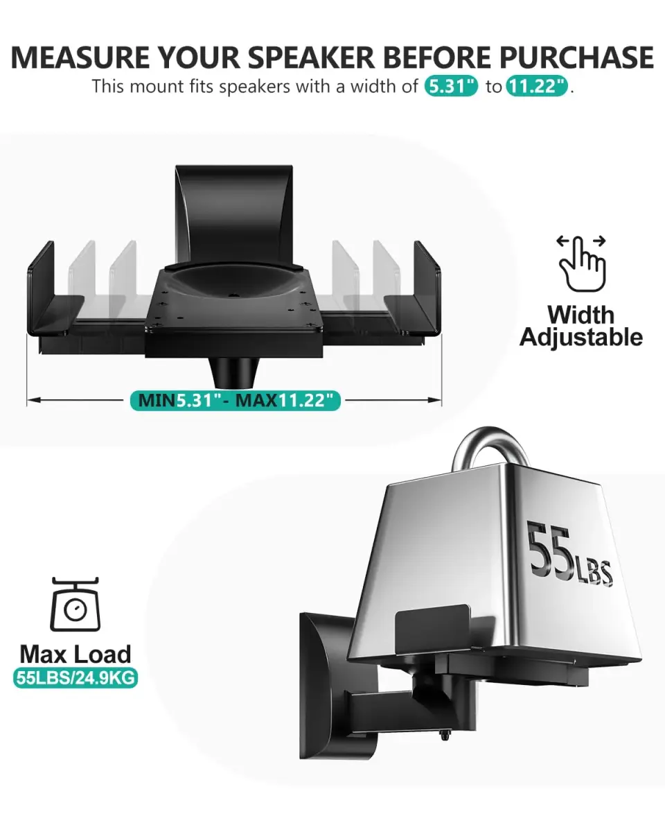 WALI Surround Sound Speaker Wall Mounts with Adjustable Swivel Tilt Angle, 2 Pack, Black | Holds Speakers up to 25kg (55 lbs) - view 6