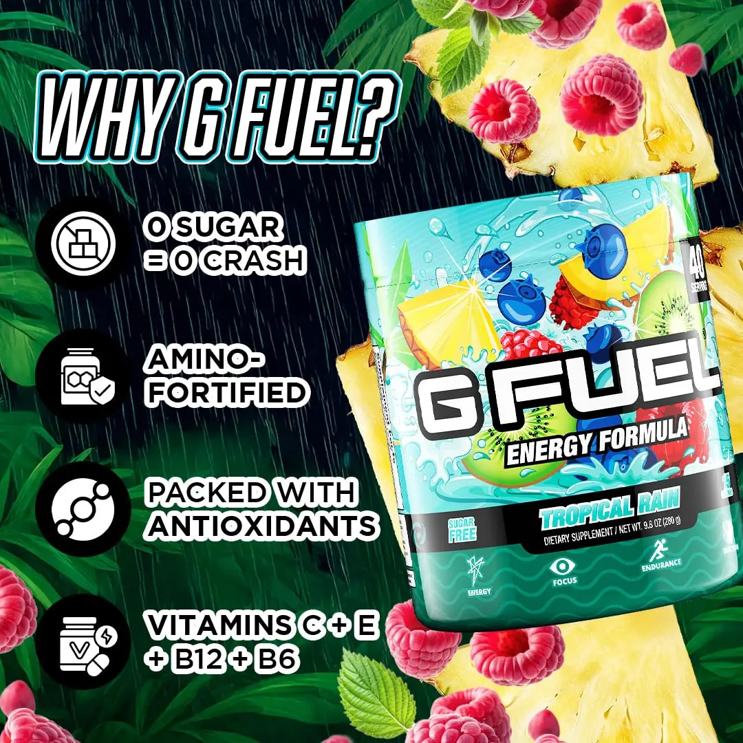 G Fuel Tropical Rain Energy Drink Powder 9.8oz | Sugar-Free Focus & Vitamins for Gaming & Fitness - view 5