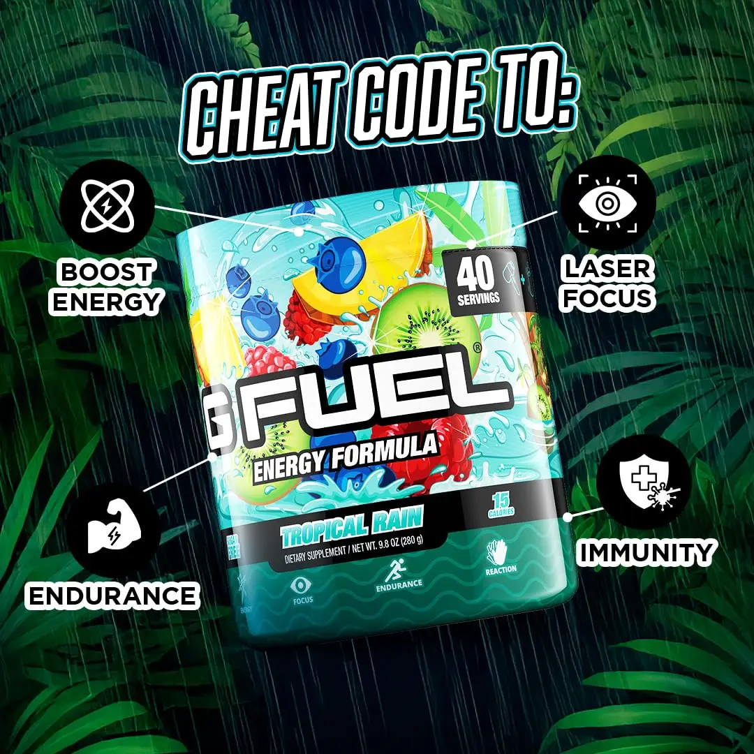 G Fuel Tropical Rain Energy Drink Powder 9.8oz | Sugar-Free Focus & Vitamins for Gaming & Fitness - view 3