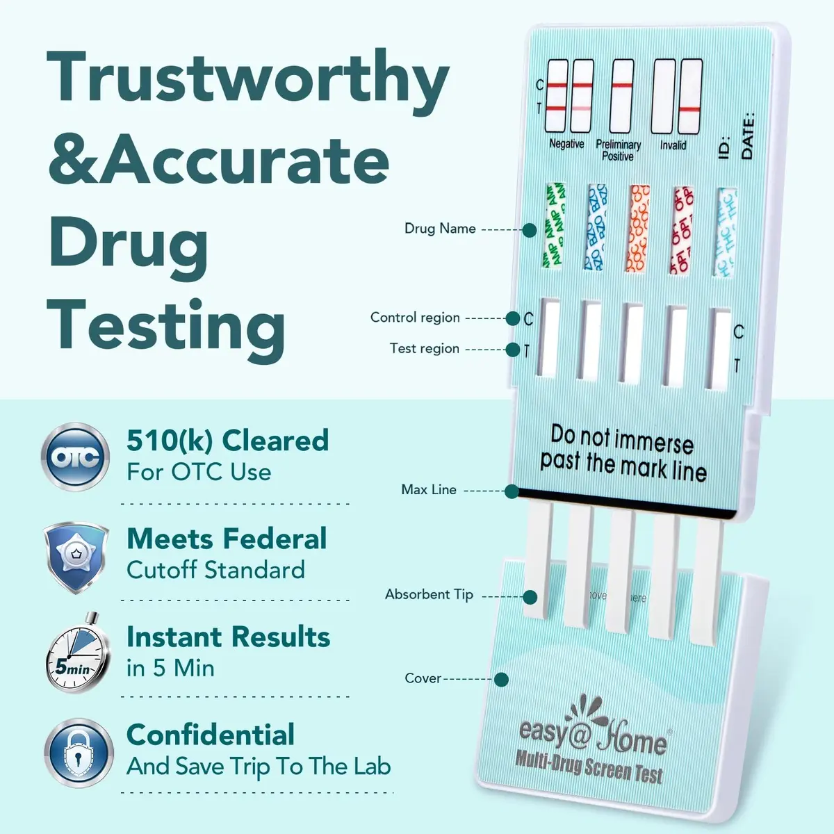 Easy@Home 5 Panel Urine Drug Test Kit | THC/Marijuana, Cocaine, Opiates, AMP, BZO All Drugs Testing in One - Home Use Drug Tests with Results in 5 Mins - view 4