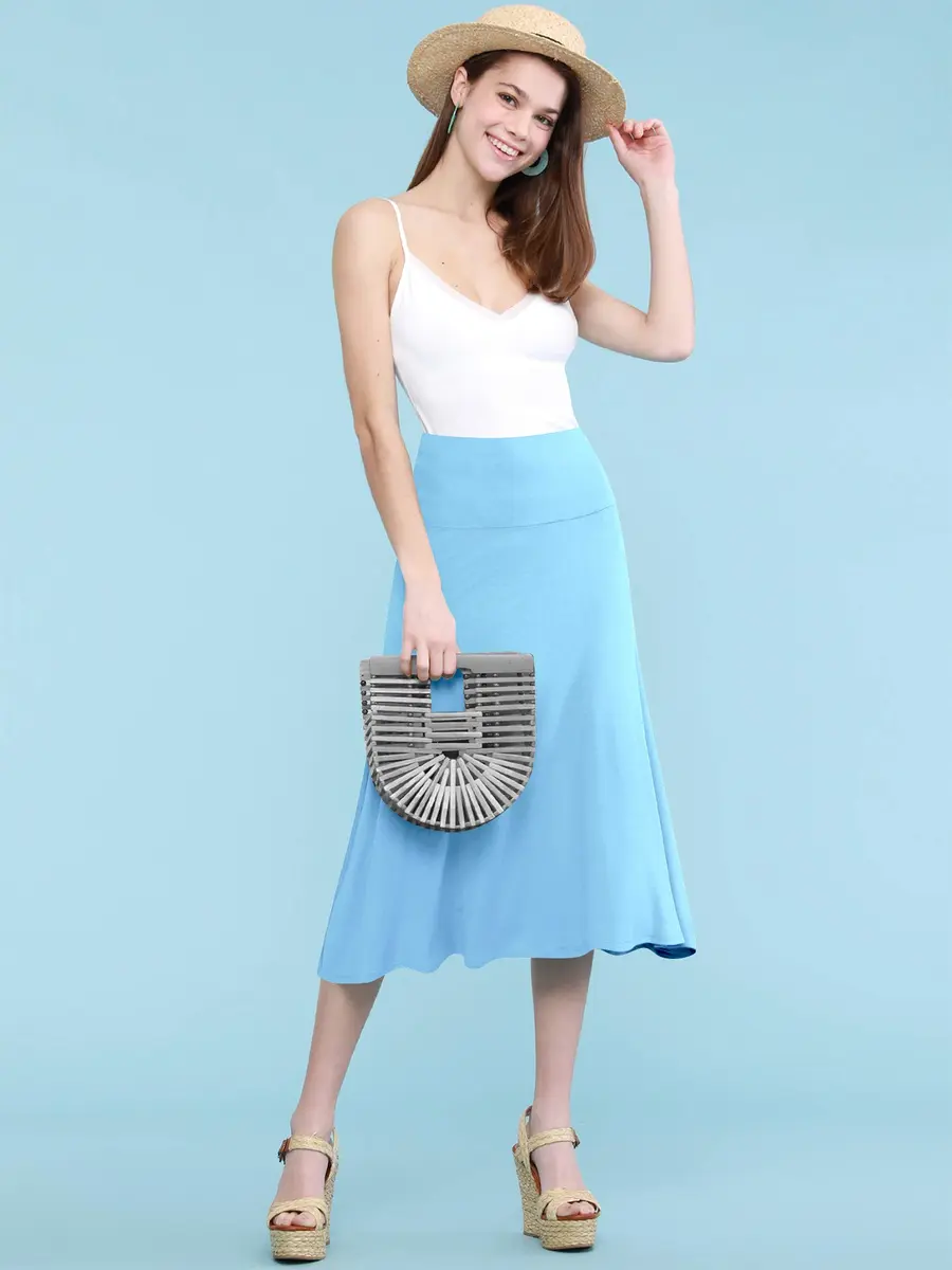 Lock and Love LL WB1105 Womens Lightweight Fold Over Flared Midi Skirt XXXL Aqua | Breathable Rayon-Spandex Fabric - view 2