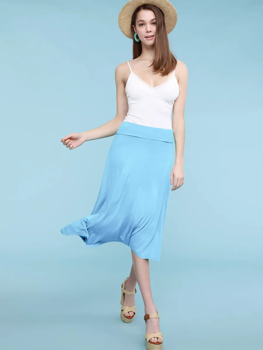 Lock and Love LL WB1105 Womens Lightweight Fold Over Flared Midi Skirt XXXL Aqua | Breathable Rayon-Spandex Fabric - view 3