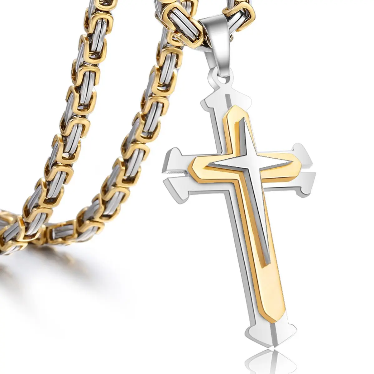 Trendsmax Mens Cross Pendant Necklace Stainless Steel 24inch | Gold & Silver Byzantine Chain - main product image