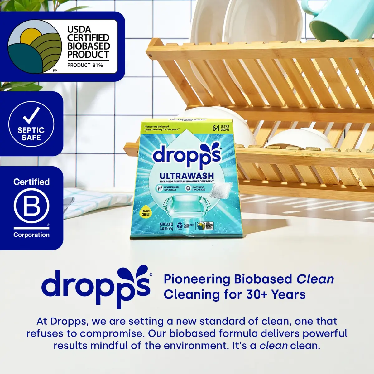 Dropps UltraWash Dishwasher Detergent Pods Lemon Citrus 120 Ct | USDA Certified Biobased Formula - view 6
