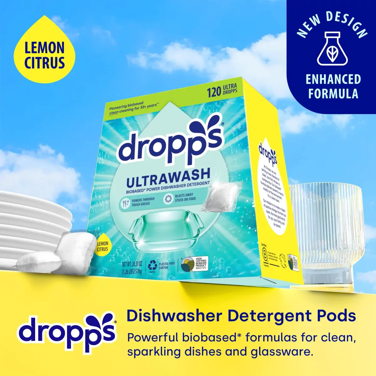 Dropps UltraWash Dishwasher Detergent Pods Lemon Citrus 120 Ct | USDA Certified Biobased Formula - view 2
