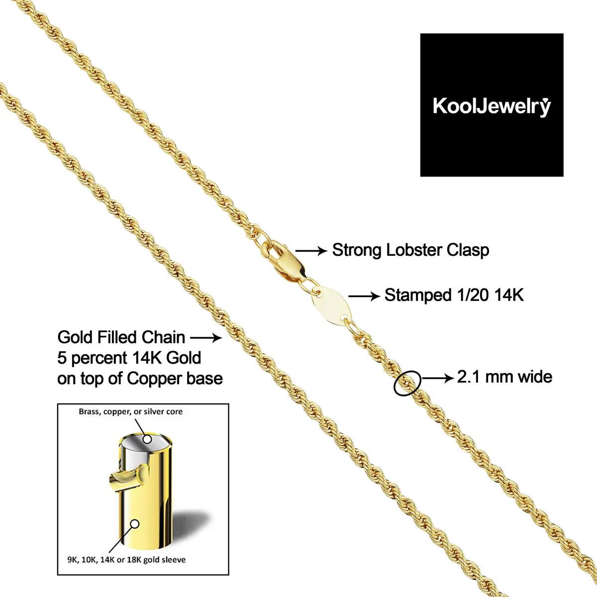 Kooljewelry Solid 14k Yellow Gold Filled Rope Chain Necklace for Women & Men, 30 inches - view 3
