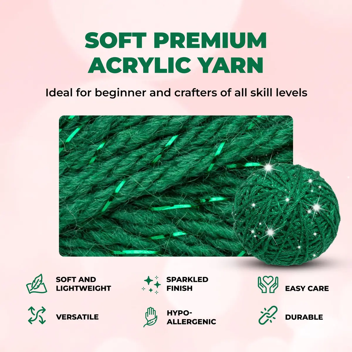 Mary Maxim Starlette Sparkle Yarn 196 Yards | Emerald Green Glitter for Crochet & Knitting - view 2