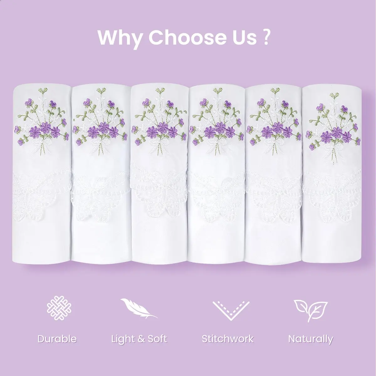 Selected Hanky Women's Cotton Handkerchiefs 11x11 | Floral Embroidery & Butterfly Lace - view 6