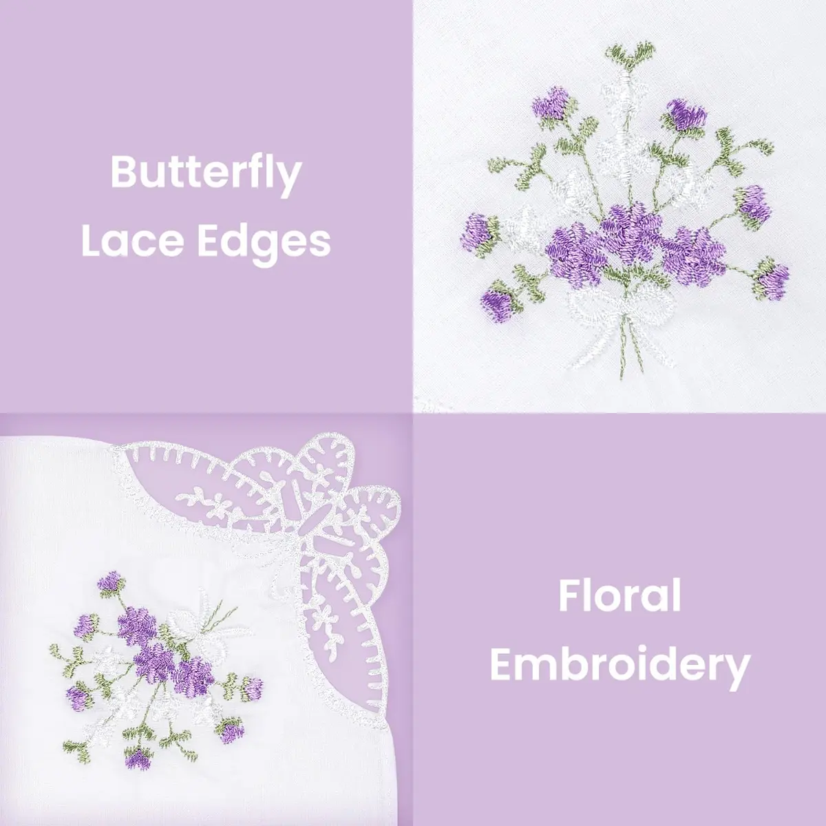 Selected Hanky Women's Cotton Handkerchiefs 11x11 | Floral Embroidery & Butterfly Lace - view 4